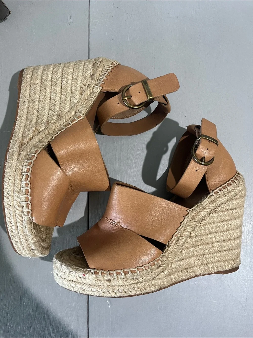 Treasure & Bond Tan Leather Espadrille Wedge Sandals with Ankle Strap